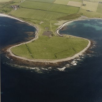 Aerial view of Sanday, Ness of Brough, rig-and-furrow cultivation, Westbrough Farmhouse and Steading taken from the W