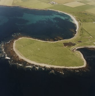 Aerial view of Sanday, Ness of Brough, rig-and furrow-cultivation, Westbrough Farmhouse and Steading taken from the SW