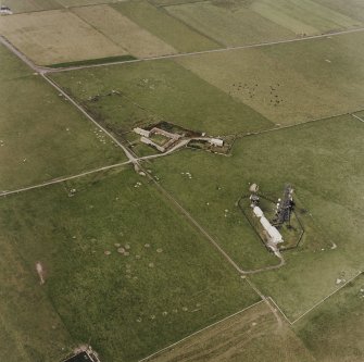 Aerial view of Orkney, Sanday,  Post Office Radio Station and telephone exchange, Warsetter farmsteading and Warsetter dovecot, taken from the SE.