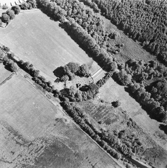 Oblique aerial view centred on the remains of the chapel and burial ground, taken from the W.