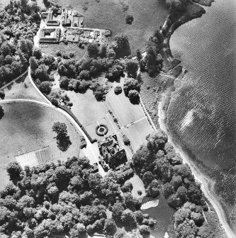 Oblique aerial view centred on Ardkinglas House with the steading adjacent, taken from the NE.