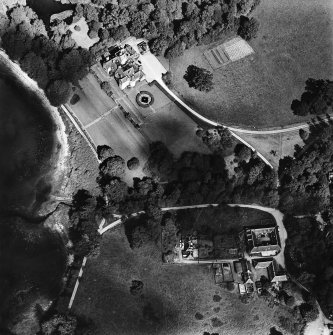 Oblique aerial view centred on Ardkinglas House with the steading adjacent, taken from the SW.