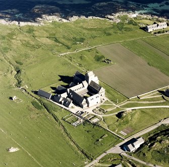 Oblique aerial view of Iona Abbey, taken from the west, centred on the abbey.