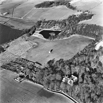 Lawhead House, oblique aerial view, taken from the SSE, showing the country house in the bottom right-hand corner, Lawhead Croft cottage in the bottom left-hand corner, and a dovecot in the centre of the photograph.