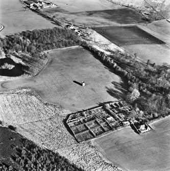 Lawhead House, oblique aerial view, taken from the SW, showing Lawhead Croft cottage in the bottom right-hand corner, a dovecot in the centre, and The Lodge at Lawhead in the top half of the photograph.