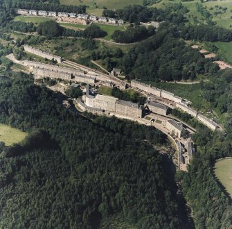 New Lanark village and mills, oblique aerial view.