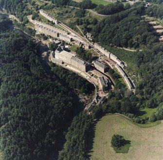 New Lanark village and mills, oblique aerial view.