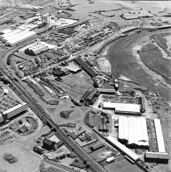Aerial view of Irvine Harbour, the Scottish Maritime Museum (including the SV Carrick), the sawmill, Ayrshire Metal Products and Portland Road glass works, taken from the NNE.
