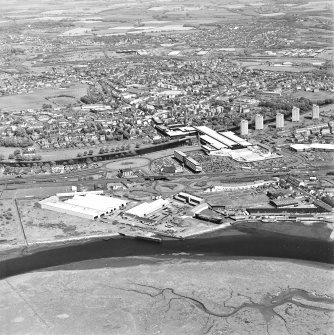 Aerial view of Irvine Harbour, the Scottish Maritime Museum (including SV Carrick), the sawmill and Ayrshire Metal Products, taken from the W.