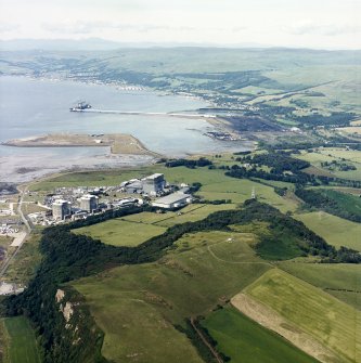 General oblique aerial view looking across the electricity generating station towards the ore terminal, Fairlie and Largs, taken from the SSW.