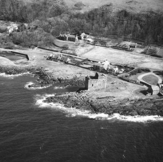 Aerial view of Portencross Castle from South West