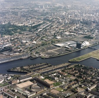 Oblique aerial view of the SECC, with Govan Graving Docks in the foreground.