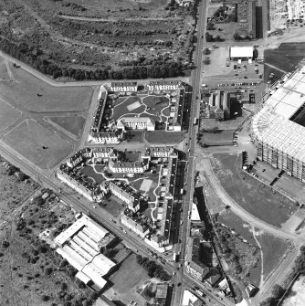 Glasgow, Parkhead, oblique aerial view, taken from the ESE, centred on a housing estate around Buddon Street.