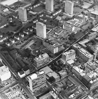 Oblique aerial view of Strathclyde University and Cowcaddens.