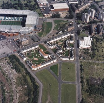 Glasgow, Parkhead, oblique aerial view, taken from the SW, showing Celtic Park football stadium in the top right-hand corner of the photograph.