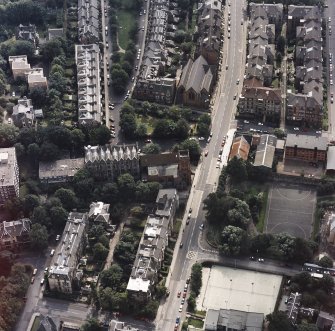 Hyndland, oblique aerial view, centred on Hyndland Parish Church and Saint Bride's Episcopal Church.