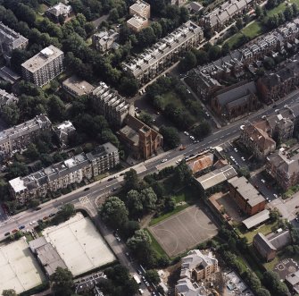 Hyndland, oblique aerial view, centred on Hyndland Parish Church and Saint Bride's Episcopal Church.