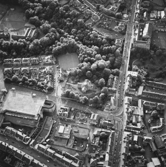 Oblique aerial view of Hamilton centred on Hamilton Parish Church with the halls adjacent, taken from the ESE.