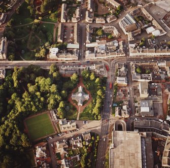 Oblique aerial view of Hamilton centred on Hamilton Parish Church with the halls adjacent, taken from the SW.