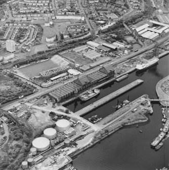 Greenock, James Watt Dock, oblique aerial view, taken from the ENE. Cappielow is visible in the left centre of the photograph.