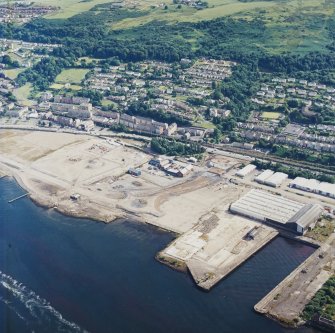 Oblique aerial view looking across the shipyard and the dry docks towards Port Glasgow, taken from the NNW.