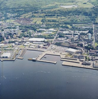 General oblique aerial view looking across the harbours, taken from the NNE.