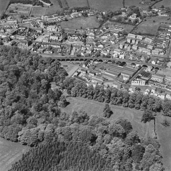 Aerial view of Newmilns railway viaduct and factories, centred on Greenhead Mills, taken from the SSE.