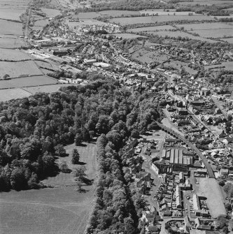 General aerial view of Newmilns railway viaduct and factories, centred on the site of Greenhead Mills, taken from the E.