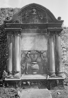 View of gravestone for Captain Andrew Watson, 18th Century, in the churchyard of Burntisland Parish Church.