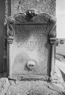 View of headstone for James Robertson who died 1702, in the churchyard of Kinghorn Parish Church.