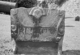 View of headstone for Robert Lighton who died 1731, in the churchyard of Kinghorn Parish Church.