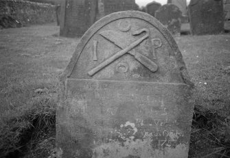 View of east face of gravestone for James Patrson who died 1753, in the churchyard of Balmerino Old Parish Church.