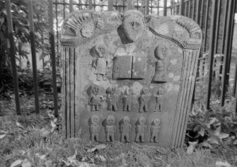 View of headstone for Jennet Ferguson dated 1750, in the churchyard of St Lolan's, Kincardine.