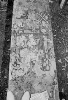 View of grave slab with initials 'IB IJ IF' dated 1730, in the churchyard of St Lolan's, Kincardine.