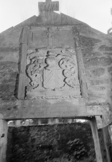 View of wall plaque dated 1686, in the east end of church ruin, St Lolan's, Kincardine.