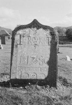 View of gravestone for John Robertson dated 1780,  with initials 'I R' and 'K R', in the churchyard of Glenshee Church.