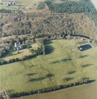 Oblique aerial view centred on the tower-house with the kennels adjacent, taken from the SE.