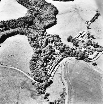Oblique aerial view, taken from the ESE, centred on the tower-house.
