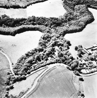 Oblique aerial view, taken from the East, centred on the tower-house.