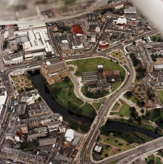 Oblique aerial view of Paisley centred on the abbey and town hall, taken from the S.