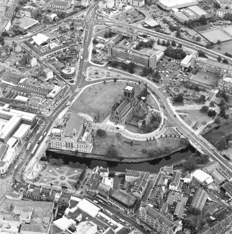 Oblique aerial view of Paisley centred on the abbey and town hall, taken from the WSW.