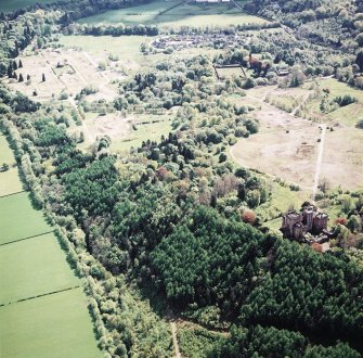 General oblique aerial view centred on the site of the hospital after the demolition of most buildings, taken from the WNW.