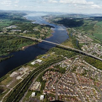 General oblique aerial view looking across the bridge and canal, Clydebank and Old Kilpatrick, along the River Clyde towards Dumbarton, Greenock and the Firth of Clyde, taken from the ESE.