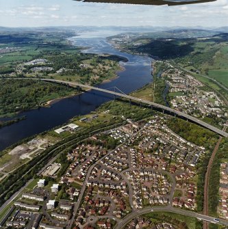 General oblique aerial view looking across the bridge and canal, Clydebank and Old Kilpatrick, along the River Clyde towards Dumbarton, Greenock and the Firth of Clyde, taken from the ESE.