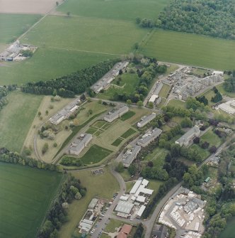 Oblique aerial view of the hospital, taken from the WSW.