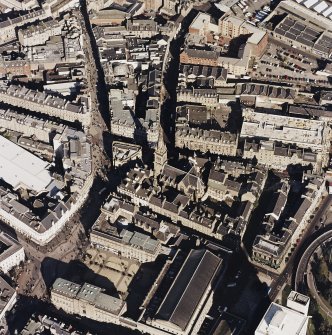 Oblique Aerial view of the High Street and the cathedral with the city square adjacent, taken from the S.
