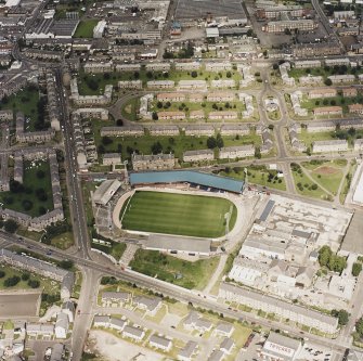 Oblique aerial view centred on the stadium, taken from the S.