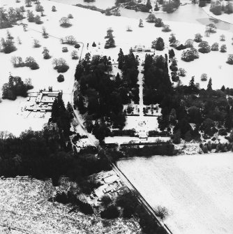 Abercairny House, oblique aerial view, taken from the NNE, centred on the East walled garden.