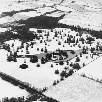 Abercairny House, oblique aerial view, taken from the SW, centred on the ponds.