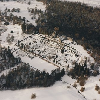Drummond Castle, Formal Gardens and Policies, oblique aerial view, taken from the SE.